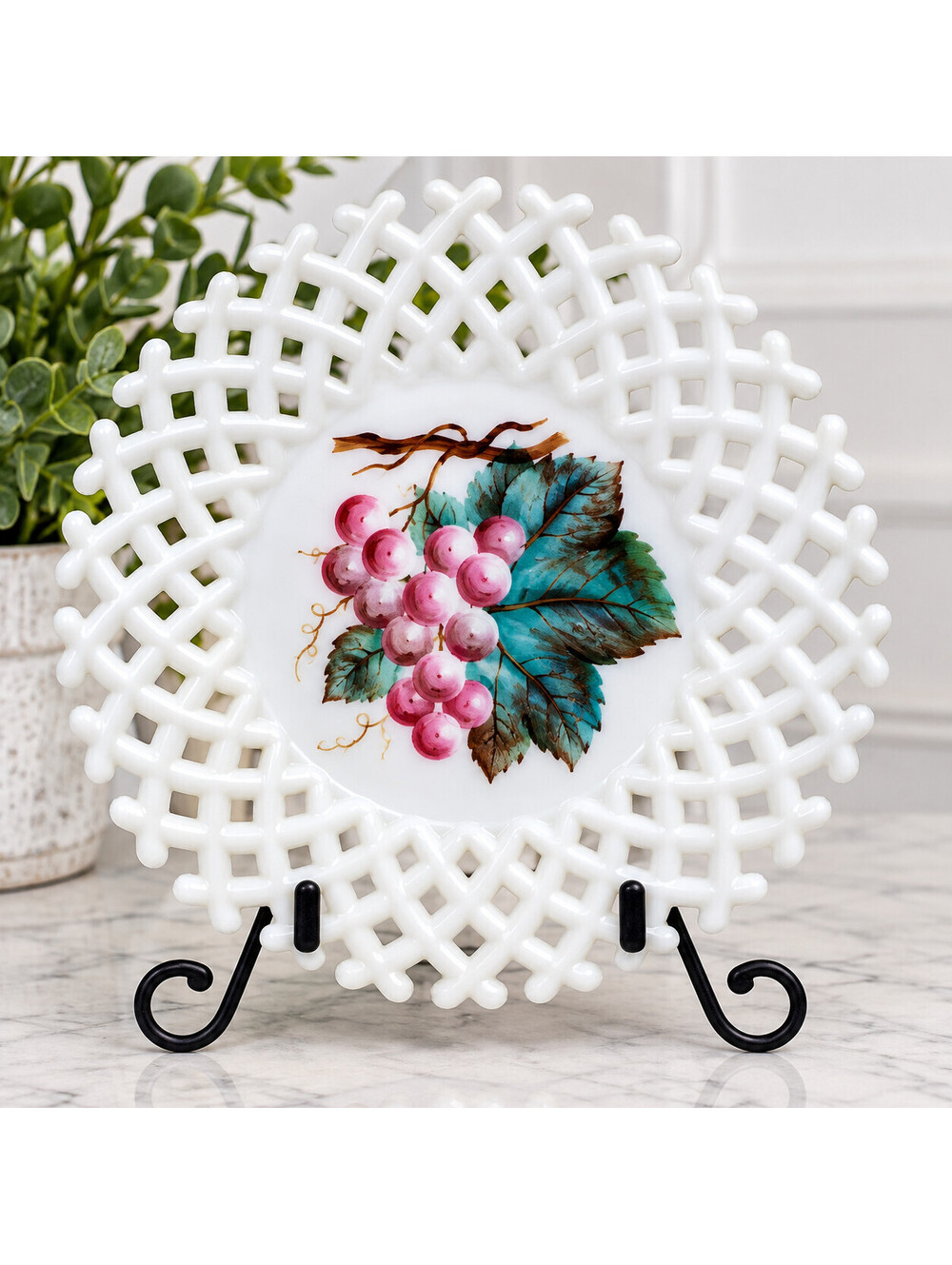 Antique 1880's Lattice Edge Painted Grape Cluster Milk Glass Plate